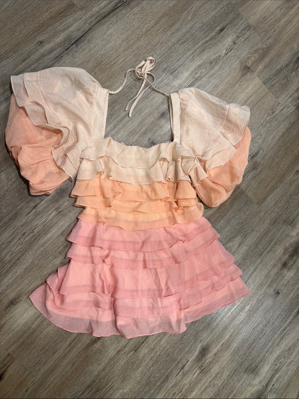 Women's Tiered Ruffle Tie-Back Mini Dress in Blush and Peach Ombre